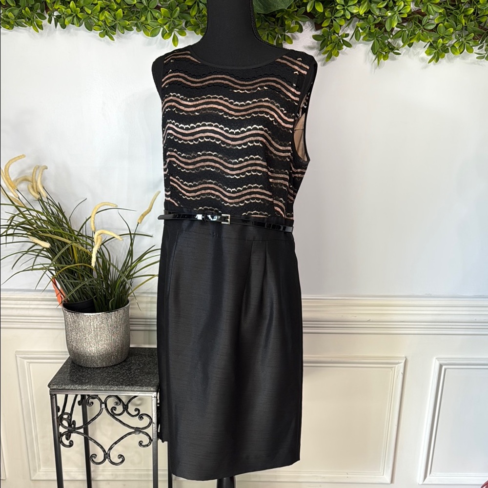 Tahari ASL Black Nude Sleeveless Belted A-Line Lined Dress 14